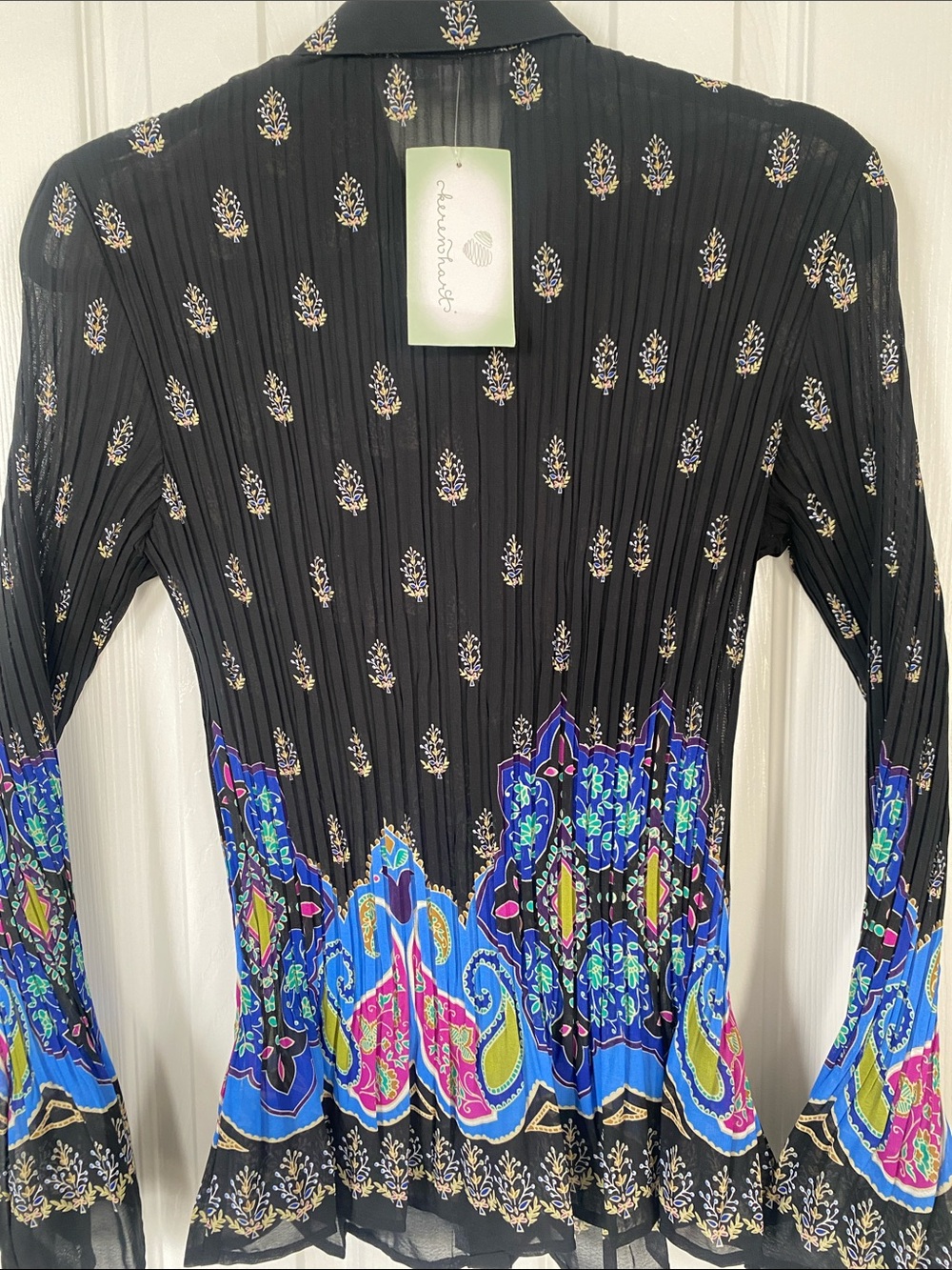 KEREN HART Black Ruffle Button-Front Blouse with Blue Yellow & Pink Florals - Picture 7 of 15